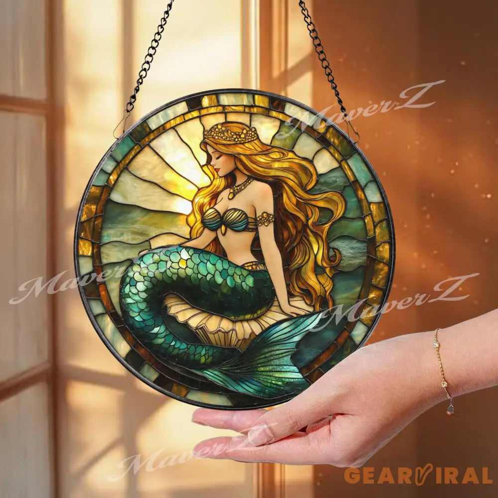 Mermaid Princess Stained Glass Suncatcher Golden Hair Ocean Beauty Sea Fantasy Window Hanging Coastal Decor Magical Gift