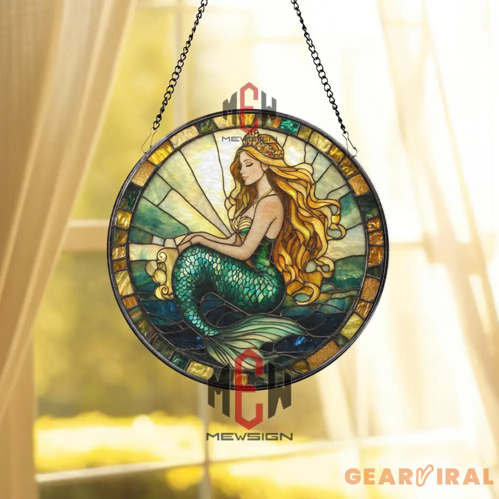 Mermaid Stained Glass Suncatcher Ocean Fantasy Window Hanging Golden Hair Siren Glass Art Sea Lover Decor Mythical Gift
