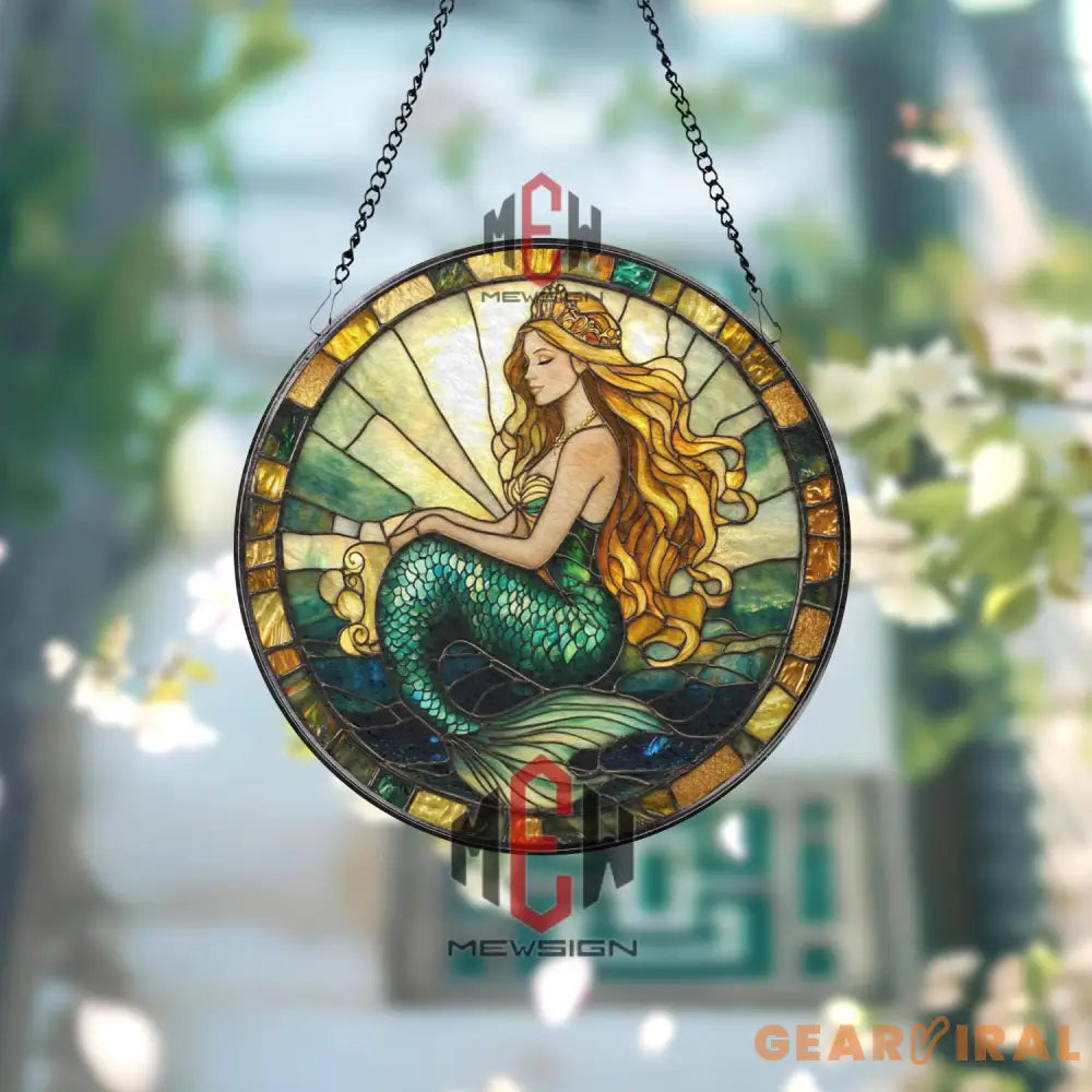 Mermaid Stained Glass Suncatcher Ocean Fantasy Window Hanging Golden Hair Siren Glass Art Sea Lover Decor Mythical Gift