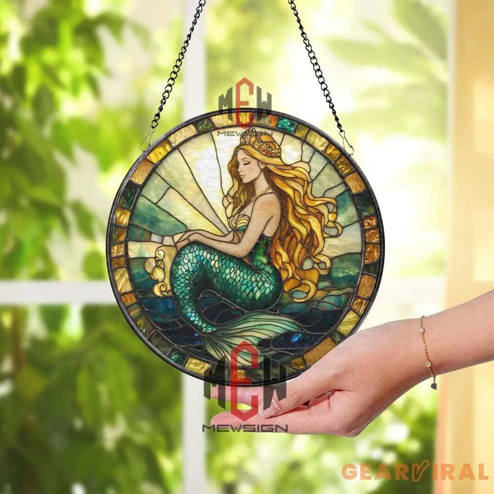 Mermaid Stained Glass Suncatcher Ocean Fantasy Window Hanging Golden Hair Siren Glass Art Sea Lover Decor Mythical Gift