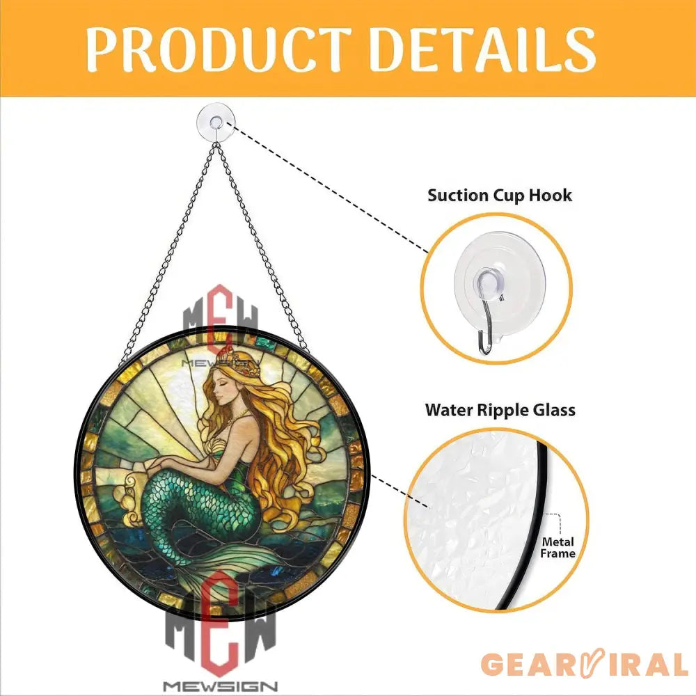 Mermaid Stained Glass Suncatcher Ocean Fantasy Window Hanging Golden Hair Siren Glass Art Sea Lover Decor Mythical Gift