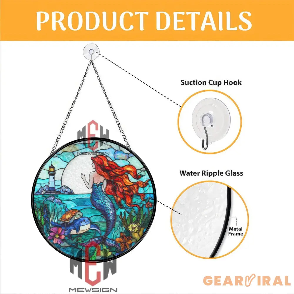 Mermaid Stained Glass Suncatcher Ocean Fantasy Window Hanging Round Glass Panel with Lighthouse Sea Life & Red Hair