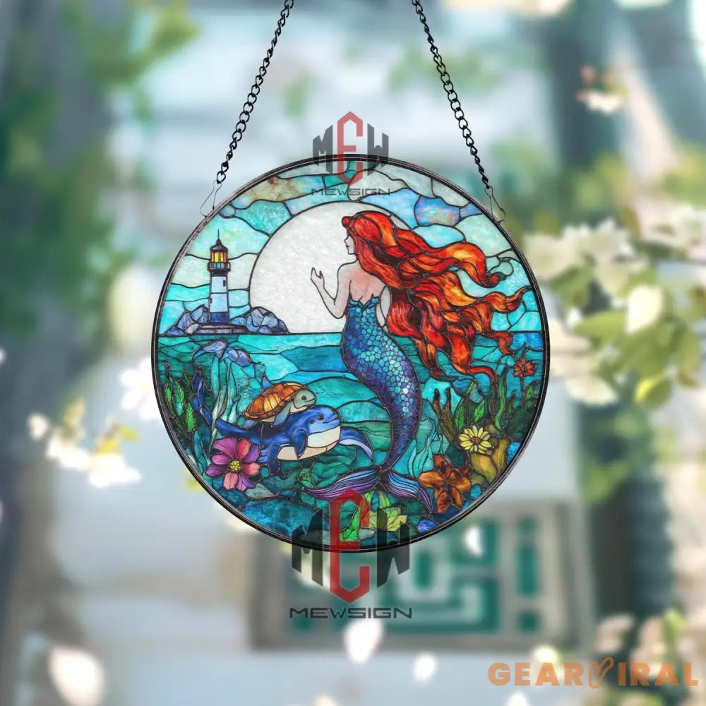 Mermaid Stained Glass Suncatcher Ocean Fantasy Window Hanging Round Glass Panel with Lighthouse Sea Life & Red Hair