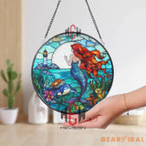 Mermaid Stained Glass Suncatcher Ocean Fantasy Window Hanging Round Glass Panel with Lighthouse Sea Life & Red Hair