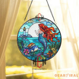Mermaid Stained Glass Suncatcher Ocean Fantasy Window Hanging Round Glass Panel with Lighthouse Sea Life & Red Hair