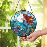 Mermaid Stained Glass Suncatcher Ocean Fantasy Window Hanging Round Glass Panel with Lighthouse Sea Life & Red Hair