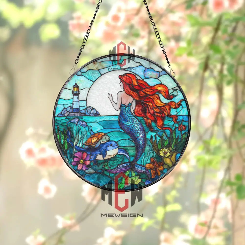 Mermaid Stained Glass Suncatcher Ocean Fantasy Window Hanging Round Glass Panel with Lighthouse Sea Life & Red Hair