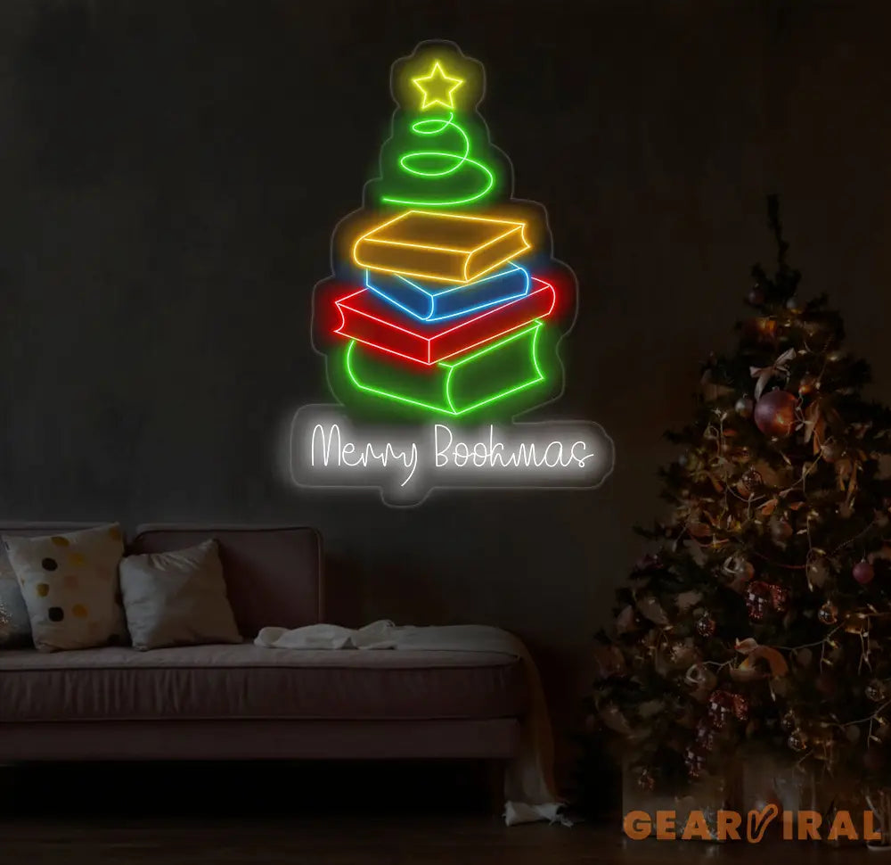 Merry Bookmas Neon Sign - Books Christmas Tree LED Light Merry Christmas Neon Sign Festive Wall Art Book Lover Holiday