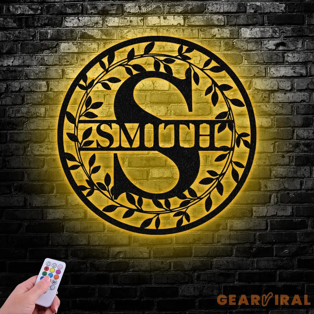 Metal Circle Letter Monogram with Vines Wall Monogram Sign Metal Wall Art LED Light - Gearviral