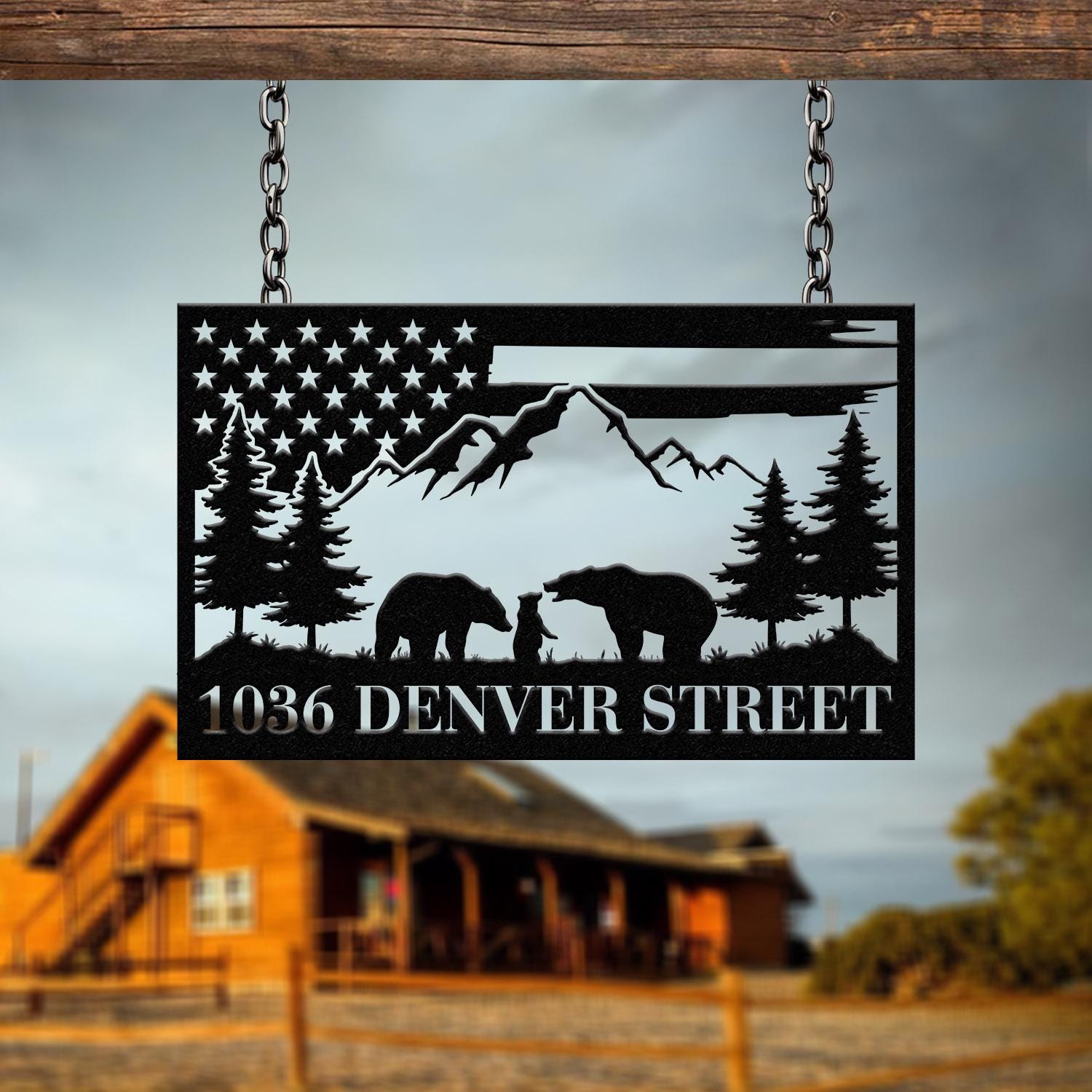 Metal Moutain Bear Address Sign, Custom US Flag Address Sign, Metal Bear Sign, Address Numbers, Address Door Hanger, Personal Address Sign