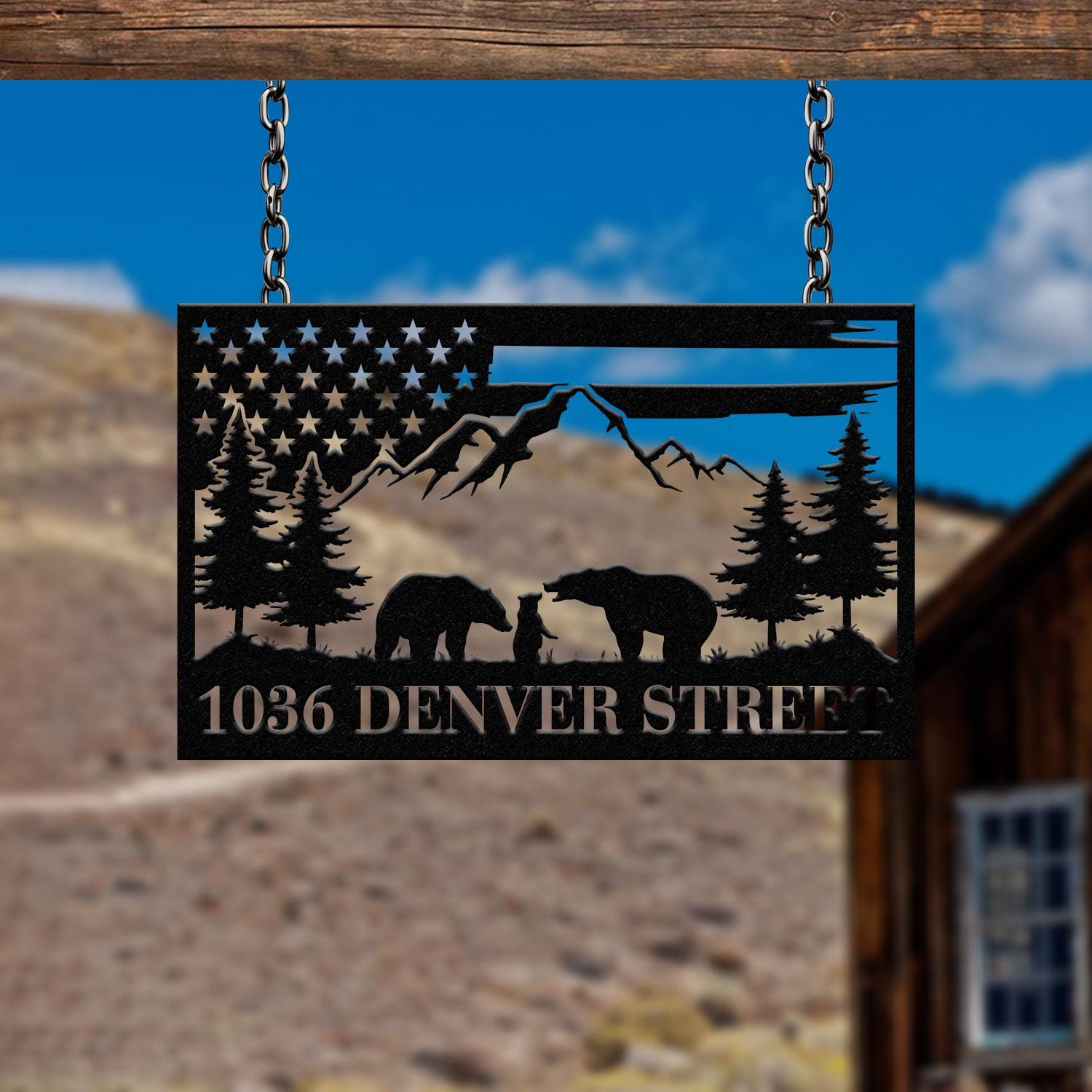 Metal Moutain Bear Address Sign, Custom US Flag Address Sign, Metal Bear Sign, Address Numbers, Address Door Hanger, Personal Address Sign