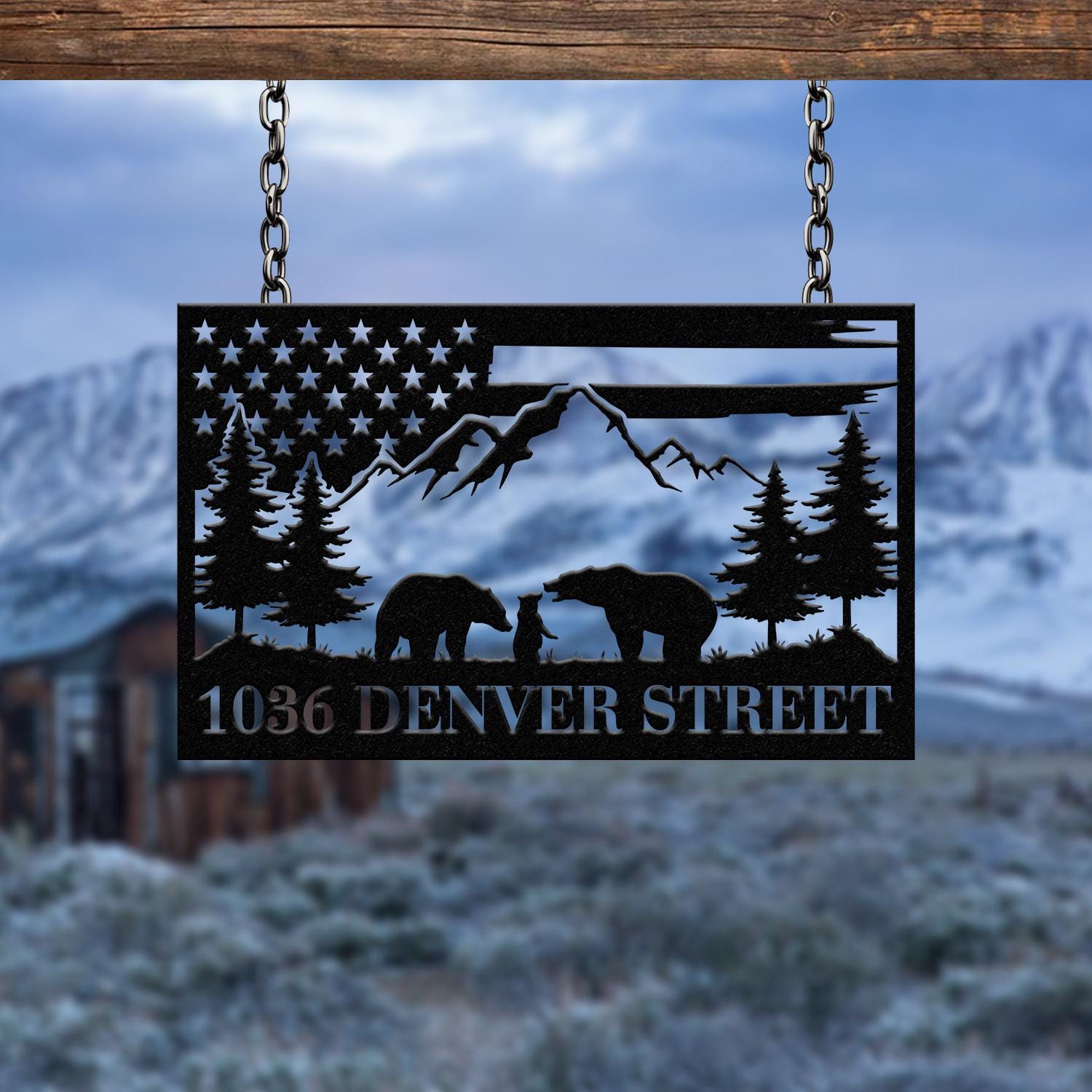 Metal Moutain Bear Address Sign, Custom US Flag Address Sign, Metal Bear Sign, Address Numbers, Address Door Hanger, Personal Address Sign