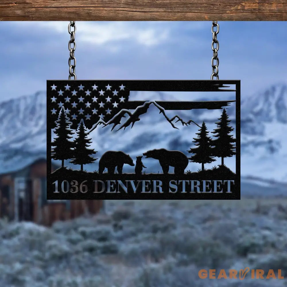 Metal Moutain Bear Address Sign Custom US Flag Address Sign Metal Bear Sign Address Numbers Address Door Hanger