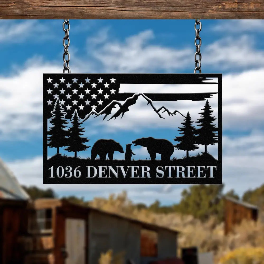 Metal Moutain Bear Address Sign Custom US Flag Address Sign Metal Bear Sign Address Numbers Address Door Hanger