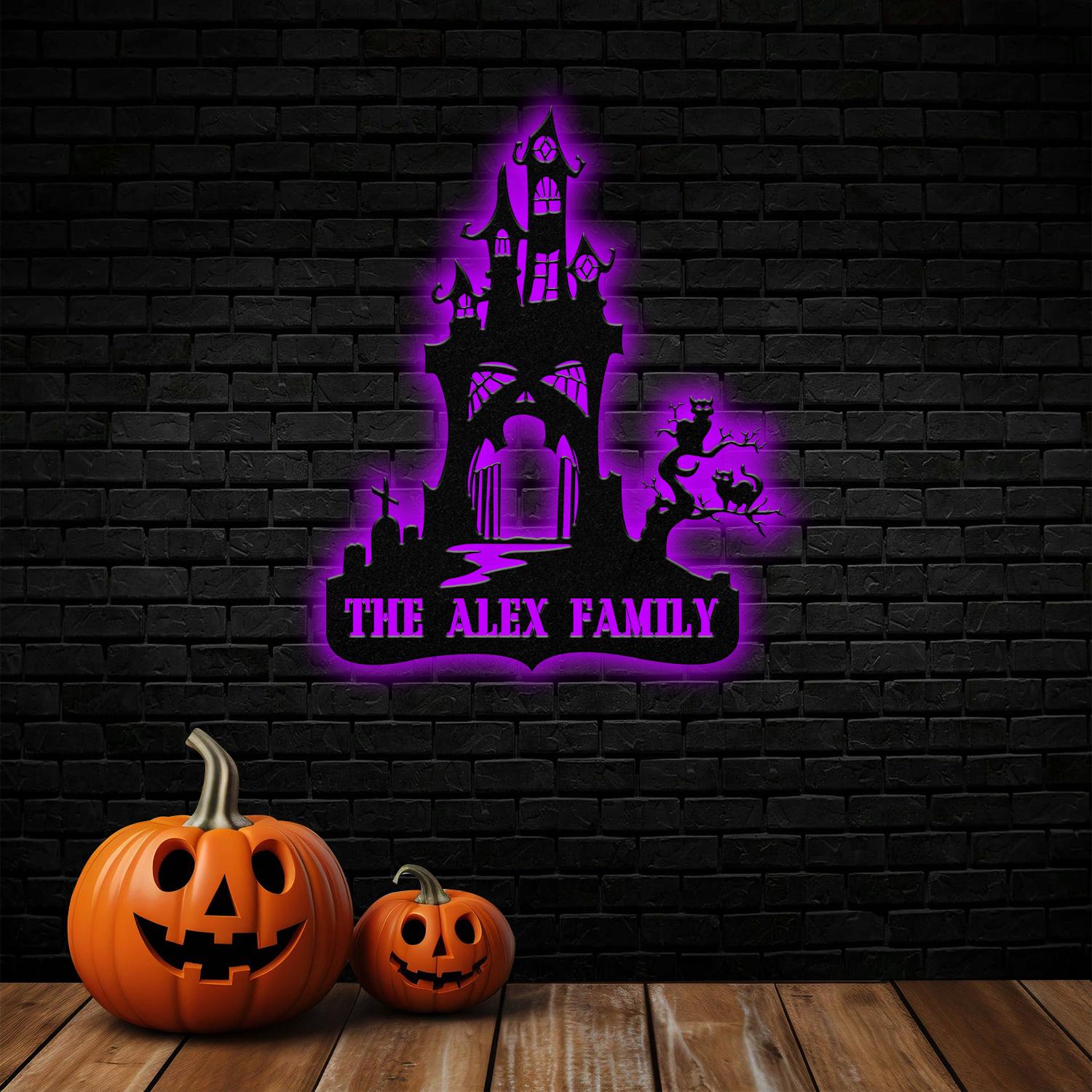 Metal Sign Hallloween House Halloween Name Sign, Personalized Name LED Lights, Halloween Sign, Outdoor Door Monogram, Halloween Metal sign
