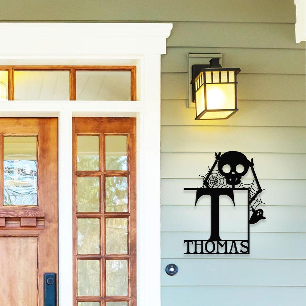 Metal Sign Halloween Funny Skull Decorative Name Sign, Personalized Split Letter Last Name, Halloween Sign, Outdoor Door Monogram