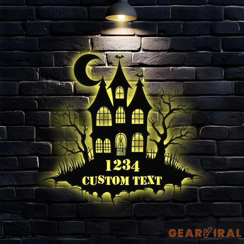 Metal Sign Scary House Halloween Name Sign Personalized Name LED Lights Halloween Sign Outdoor Door Monogram Halloween