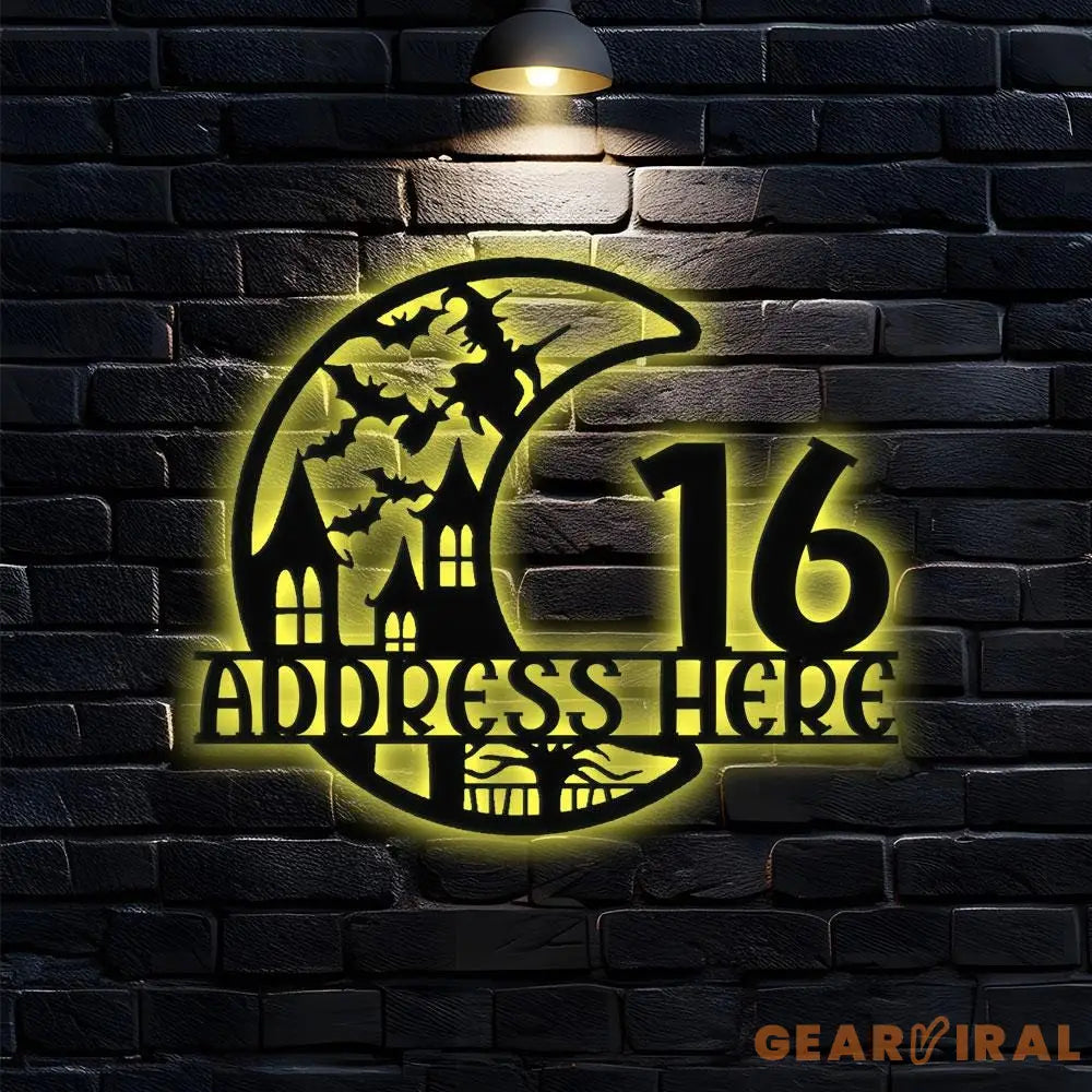 Metal Sign Scary Moon Halloween Name Sign Personalized Name LED Lights Halloween Sign Outdoor Door Monogram Halloween