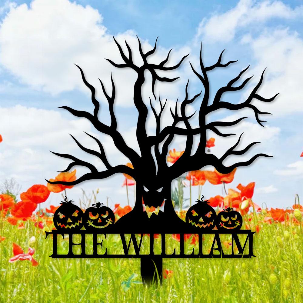 Metal Sign Scary Zombie Tree Halloween Name Metal Stake,Personalized Family Name Yard Sign, Outdoor Door Garden Decor, Garden Lovers