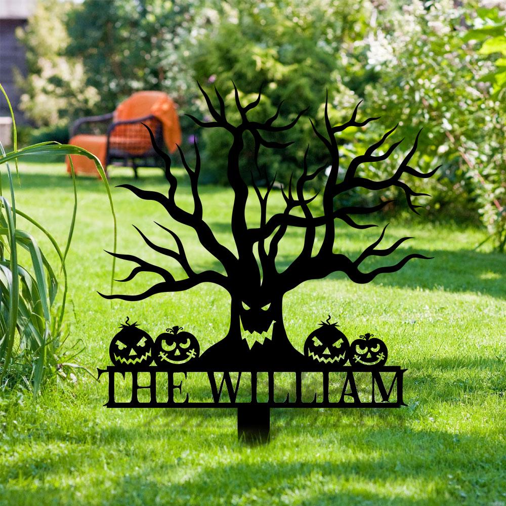 Metal Sign Scary Zombie Tree Halloween Name Metal Stake,Personalized Family Name Yard Sign, Outdoor Door Garden Decor, Garden Lovers