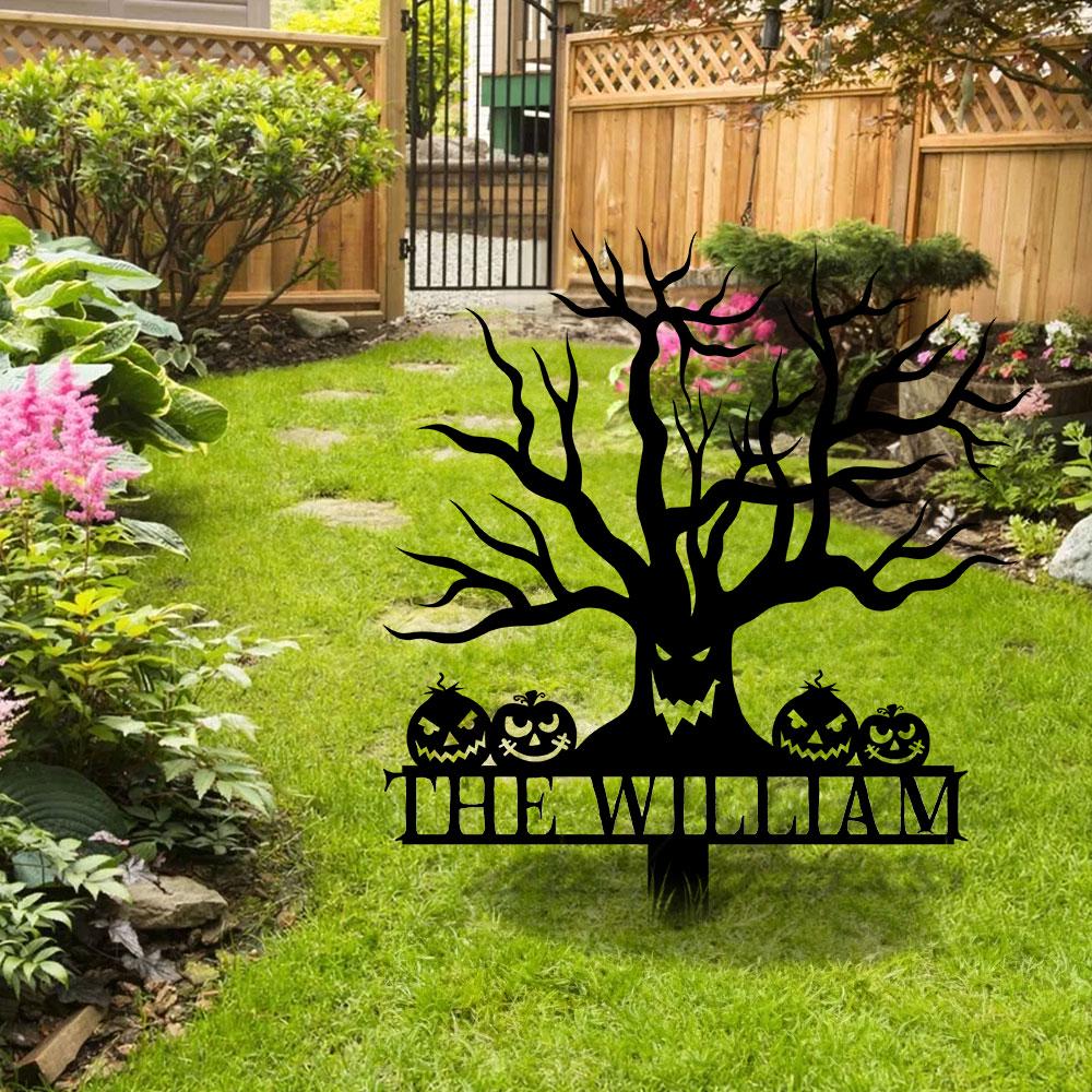 Metal Sign Scary Zombie Tree Halloween Name Metal Stake,Personalized Family Name Yard Sign, Outdoor Door Garden Decor, Garden Lovers
