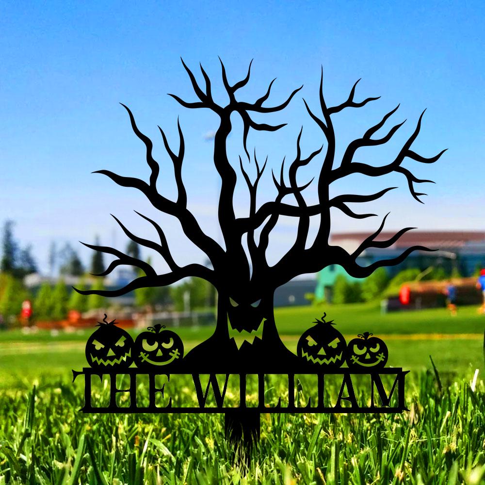 Metal Sign Scary Zombie Tree Halloween Name Metal Stake,Personalized Family Name Yard Sign, Outdoor Door Garden Decor, Garden Lovers