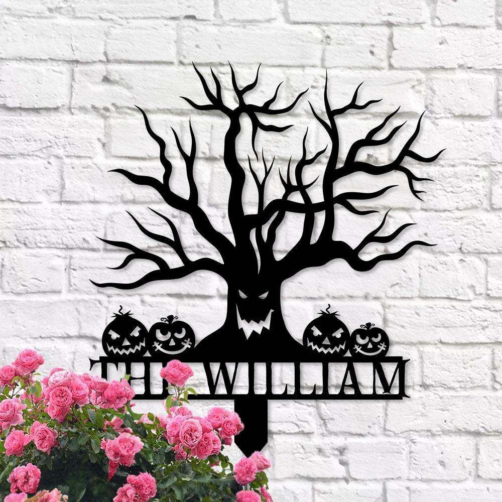 Metal Sign Scary Zombie Tree Halloween Name Metal Stake,Personalized Family Name Yard Sign, Outdoor Door Garden Decor, Garden Lovers