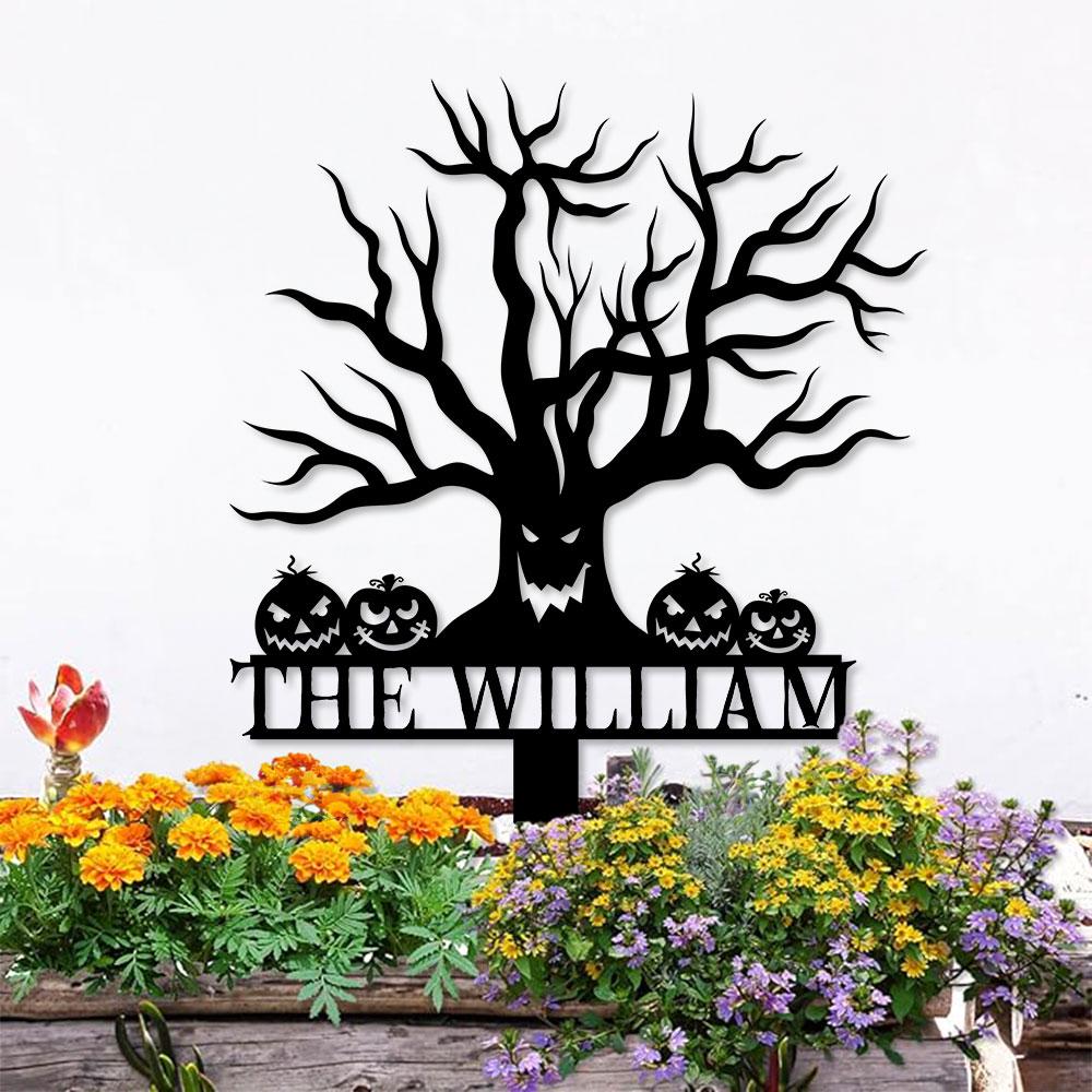 Metal Sign Scary Zombie Tree Halloween Name Metal Stake,Personalized Family Name Yard Sign, Outdoor Door Garden Decor, Garden Lovers