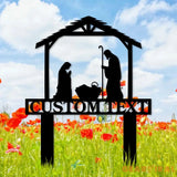 Metal Sign Silhouette Nativity Yard Stake Personalized Family Name Yard Sign Garden Decor Gift for Christian Jesus