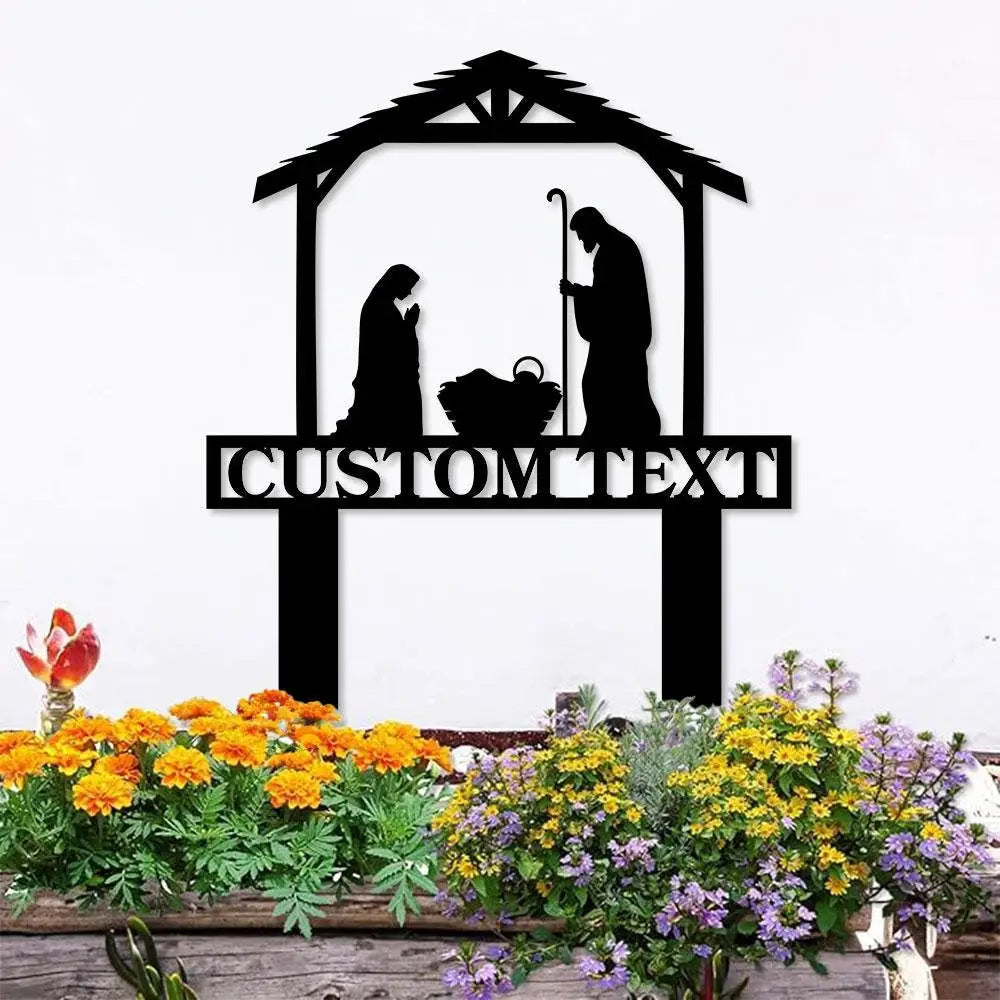 Metal Sign Silhouette Nativity Yard Stake Personalized Family Name Yard Sign Garden Decor Gift for Christian Jesus