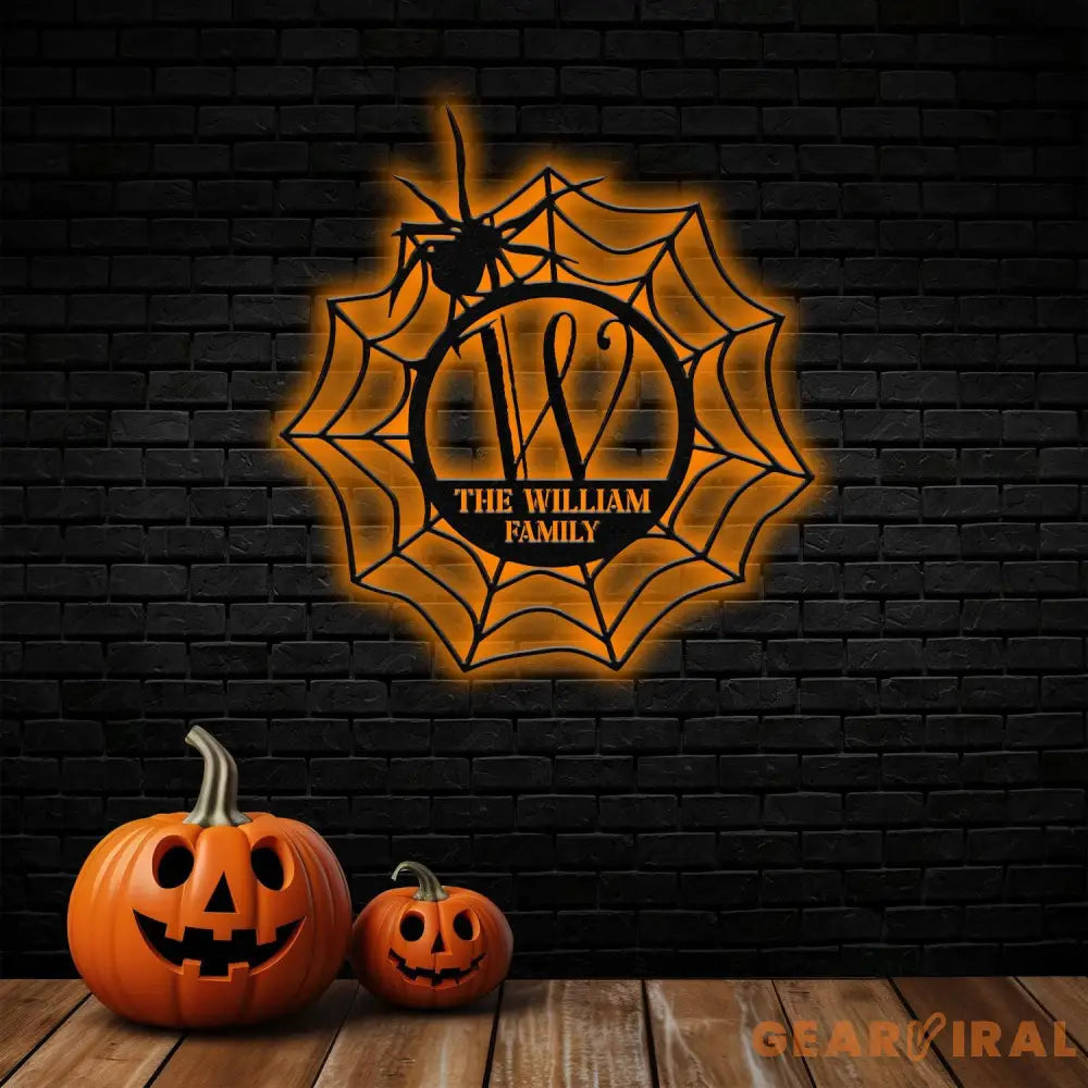 Metal Sign Spider Web Halloween Name Sign Personalized Name LED Lights Halloween Sign Outdoor Door Monogram Halloween