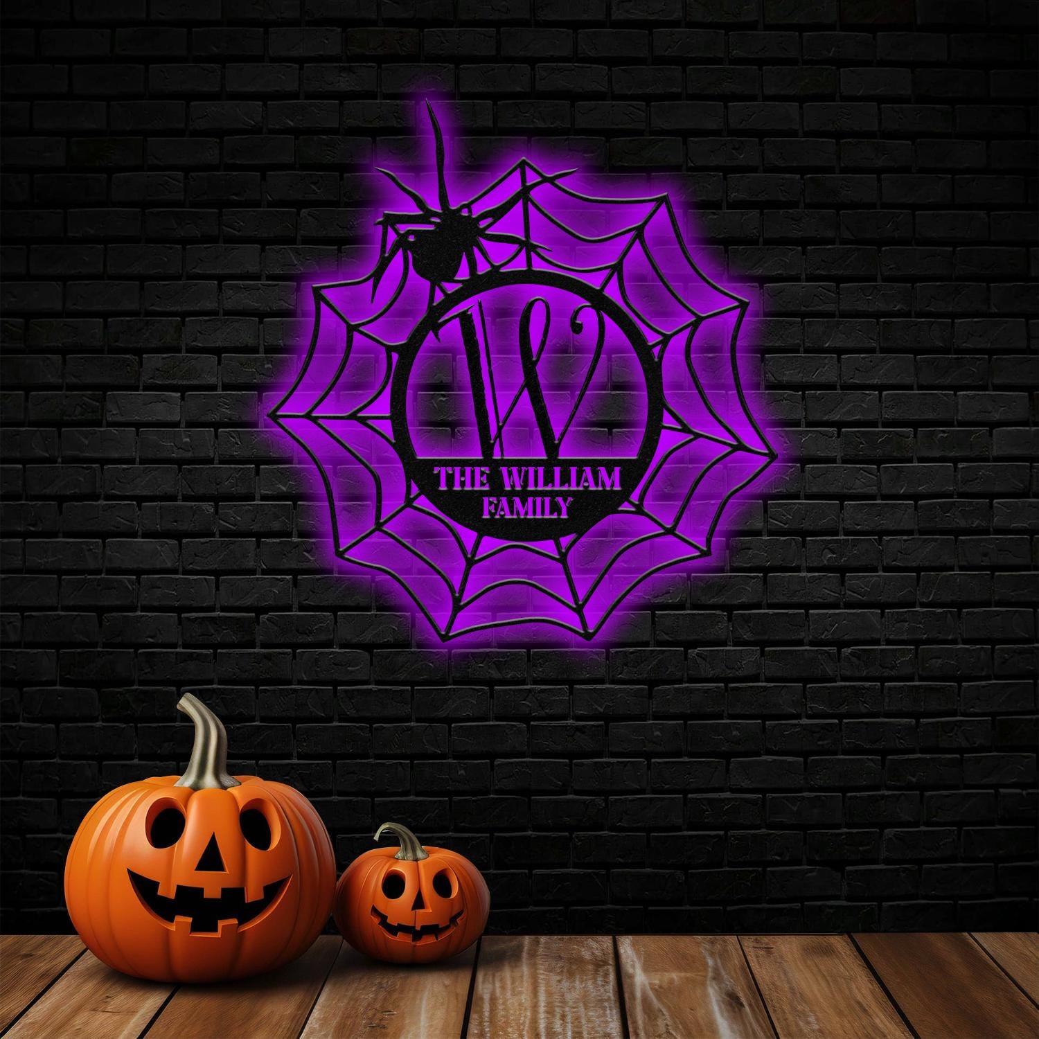 Metal Sign Spider Web Halloween Name Sign, Personalized Name LED Lights, Halloween Sign, Outdoor Door Monogram, Halloween Metal sign