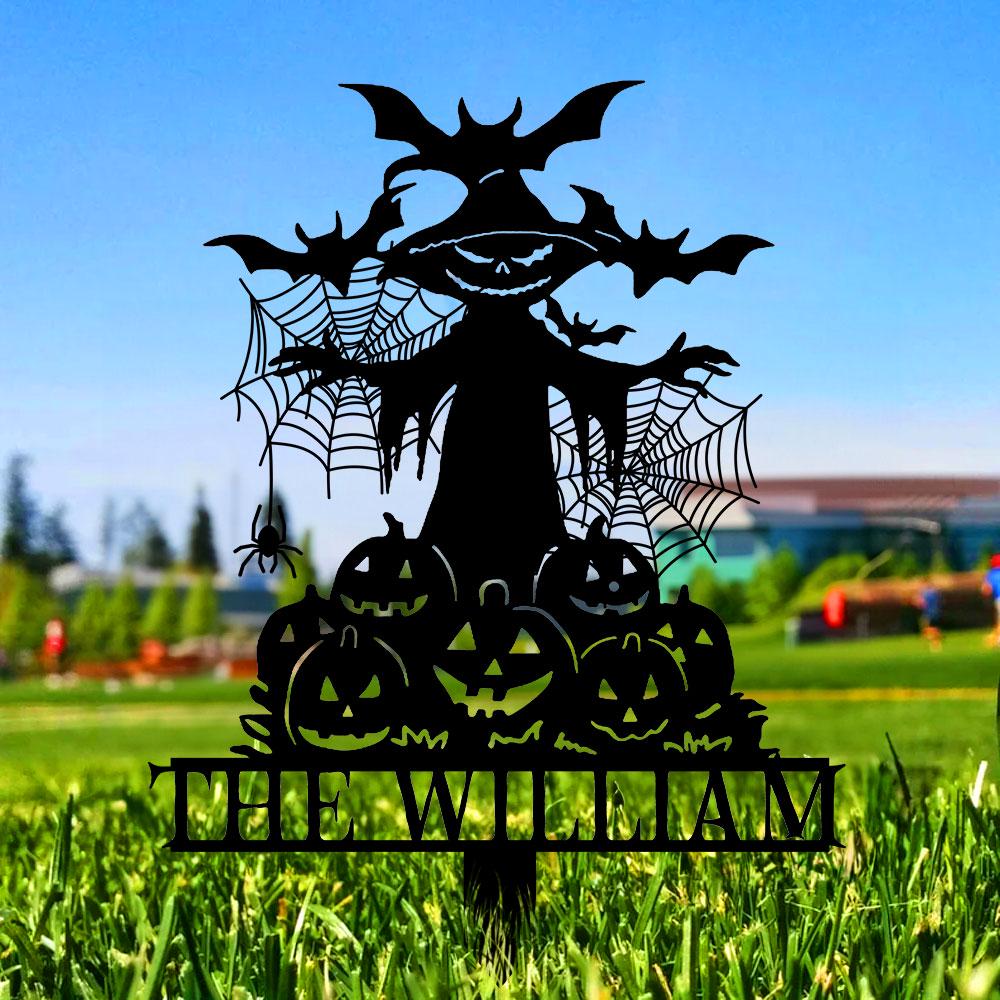 Metal Sign Witch and Pumpkin Halloween, Custom Name Metal Stake,Personalized Family Yard Sign, Outdoor Door Garden Decor, Garden Lovers