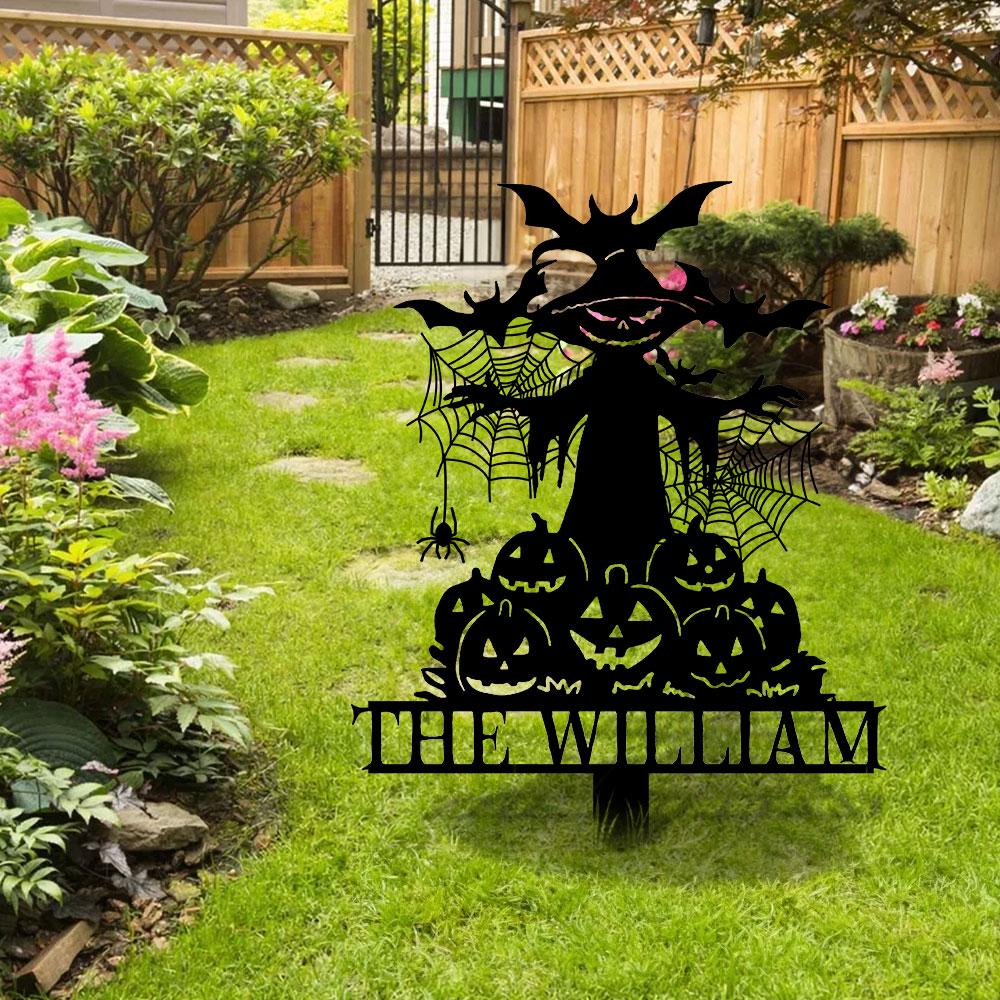 Metal Sign Witch and Pumpkin Halloween, Custom Name Metal Stake,Personalized Family Yard Sign, Outdoor Door Garden Decor, Garden Lovers