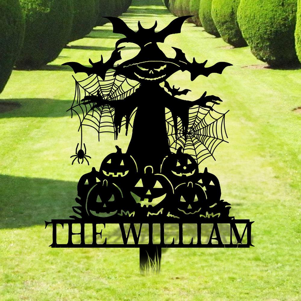 Metal Sign Witch and Pumpkin Halloween, Custom Name Metal Stake,Personalized Family Yard Sign, Outdoor Door Garden Decor, Garden Lovers