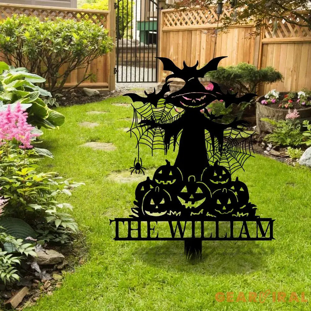 Metal Sign Witch and Pumpkin Halloween Custom Name Metal Stake,Personalized Family Yard Sign Outdoor Door Garden Decor
