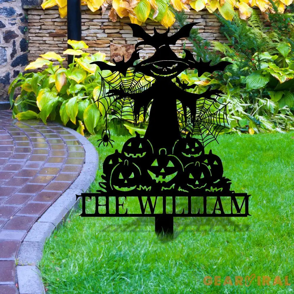 Metal Sign Witch and Pumpkin Halloween Custom Name Metal Stake,Personalized Family Yard Sign Outdoor Door Garden Decor