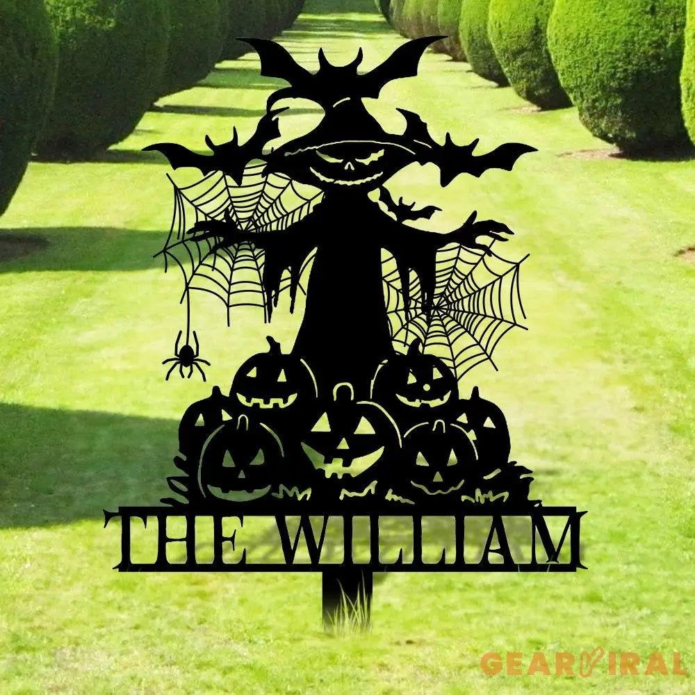 Metal Sign Witch and Pumpkin Halloween Custom Name Metal Stake,Personalized Family Yard Sign Outdoor Door Garden Decor