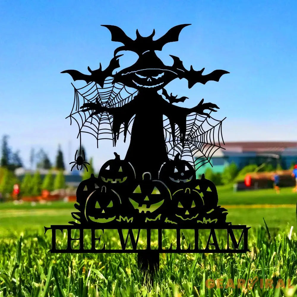 Metal Sign Witch and Pumpkin Halloween Custom Name Metal Stake,Personalized Family Yard Sign Outdoor Door Garden Decor