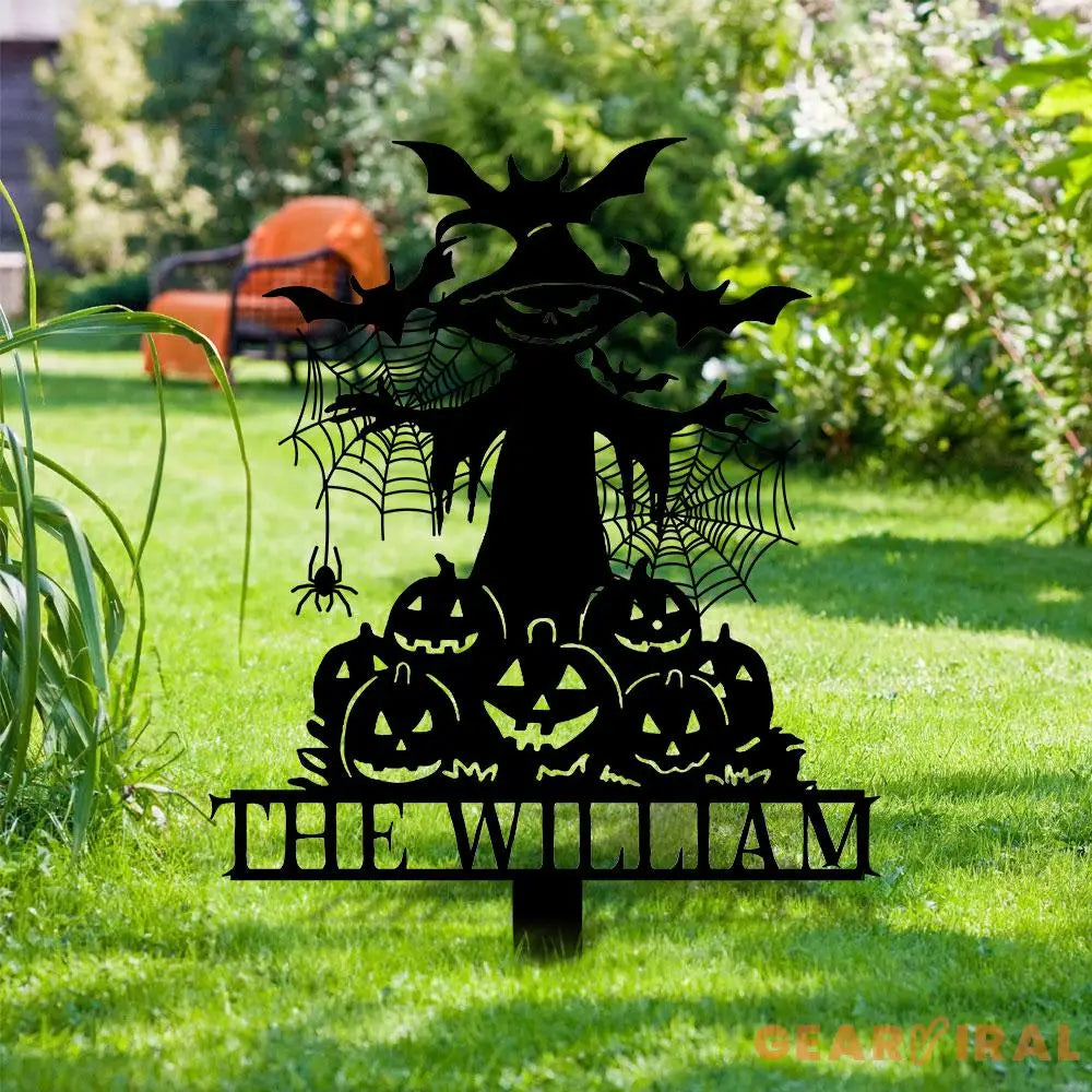 Metal Sign Witch and Pumpkin Halloween Custom Name Metal Stake,Personalized Family Yard Sign Outdoor Door Garden Decor
