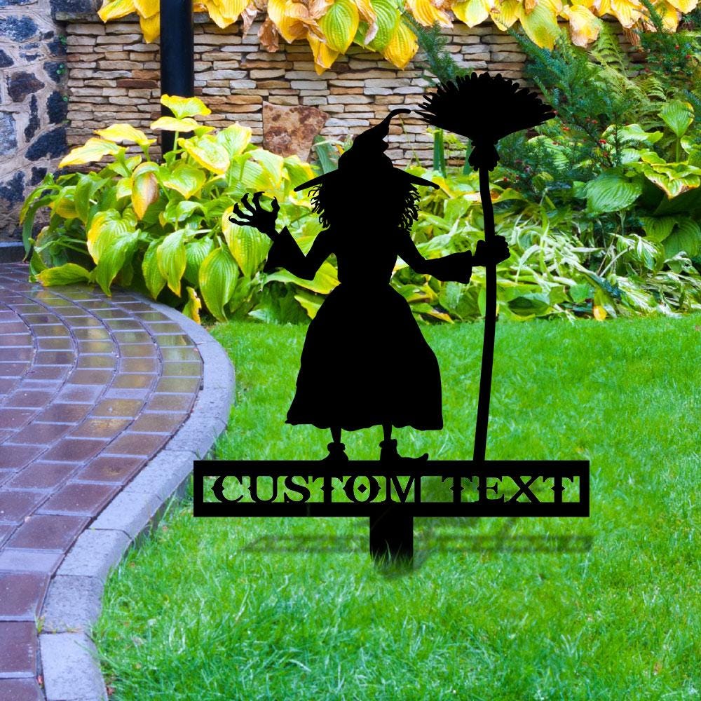 Metal Sign Witch Halloween Name Metal Stake, Personalized Family Name Yard Sign, Outdoor Door Garden Decor, Garden Art, Garden Lovers