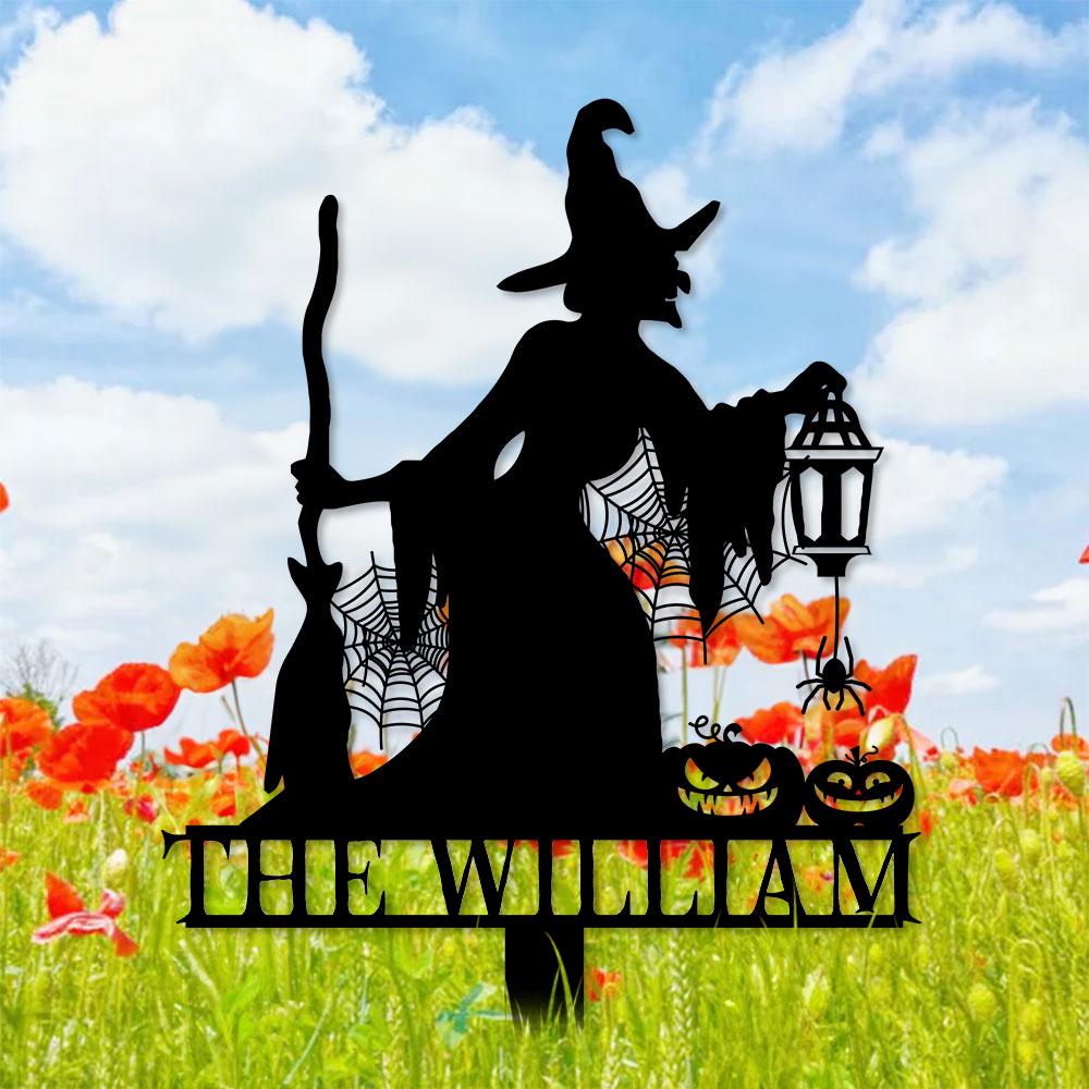 Metal Sign Witch Silhouette Halloween, Custom Name Metal Stake,Personalized Family Yard Sign, Outdoor Door Garden Decor, Garden Lovers