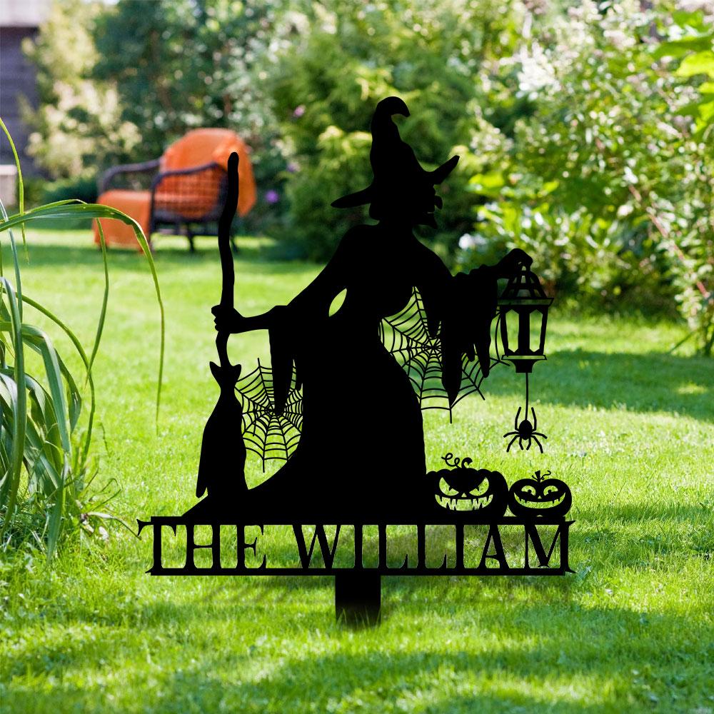 Metal Sign Witch Silhouette Halloween, Custom Name Metal Stake,Personalized Family Yard Sign, Outdoor Door Garden Decor, Garden Lovers