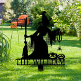 Metal Sign Witch Silhouette Halloween, Custom Name Metal Stake,Personalized Family Yard Sign, Outdoor Door Garden Decor, Garden Lovers