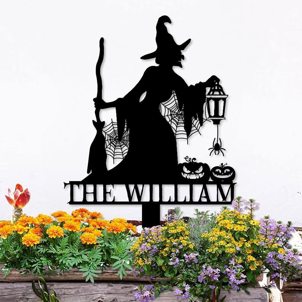 Metal Sign Witch Silhouette Halloween, Custom Name Metal Stake,Personalized Family Yard Sign, Outdoor Door Garden Decor, Garden Lovers