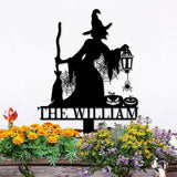 Metal Sign Witch Silhouette Halloween, Custom Name Metal Stake,Personalized Family Yard Sign, Outdoor Door Garden Decor, Garden Lovers