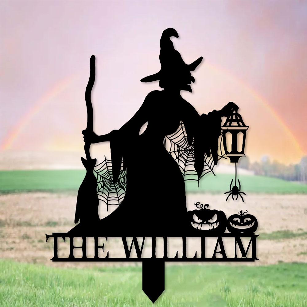 Metal Sign Witch Silhouette Halloween, Custom Name Metal Stake,Personalized Family Yard Sign, Outdoor Door Garden Decor, Garden Lovers