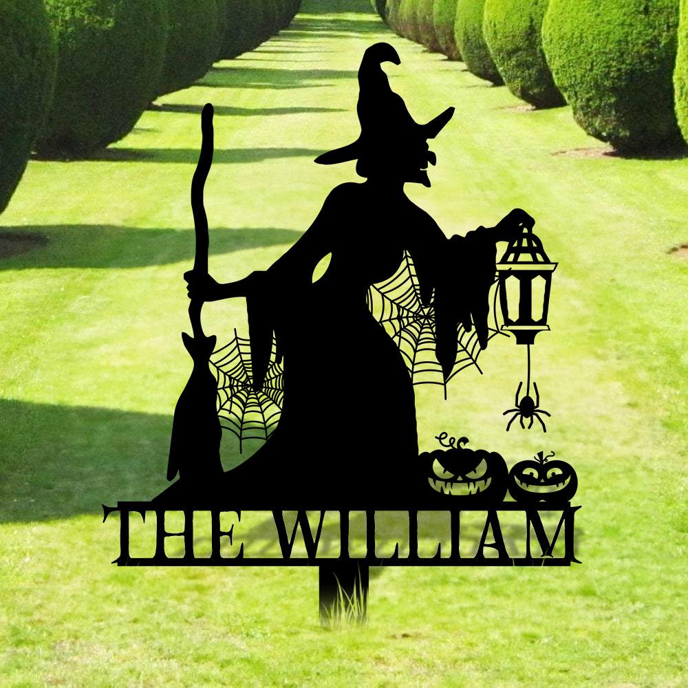Metal Sign Witch Silhouette Halloween, Custom Name Metal Stake,Personalized Family Yard Sign, Outdoor Door Garden Decor, Garden Lovers