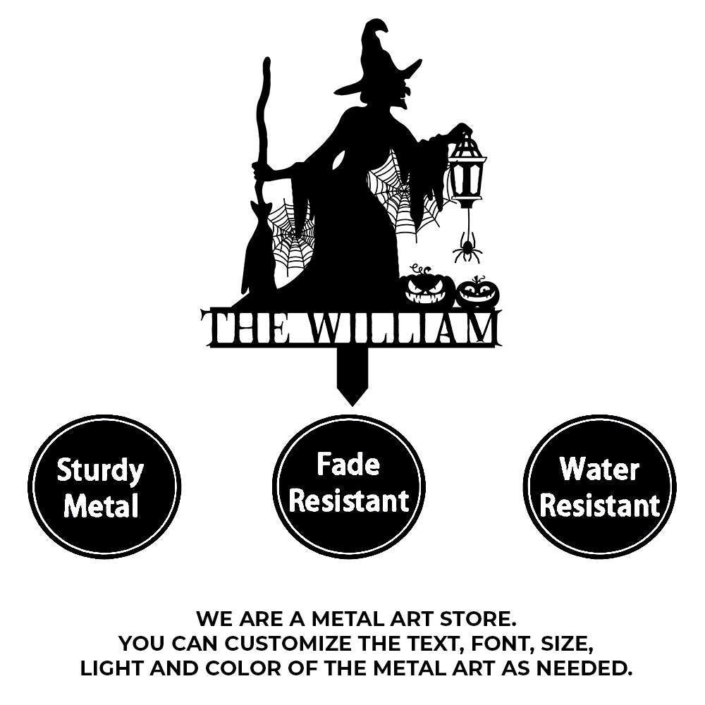 Metal Sign Witch Silhouette Halloween, Custom Name Metal Stake,Personalized Family Yard Sign, Outdoor Door Garden Decor, Garden Lovers