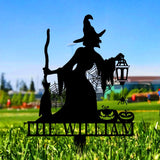 Metal Sign Witch Silhouette Halloween, Custom Name Metal Stake,Personalized Family Yard Sign, Outdoor Door Garden Decor, Garden Lovers